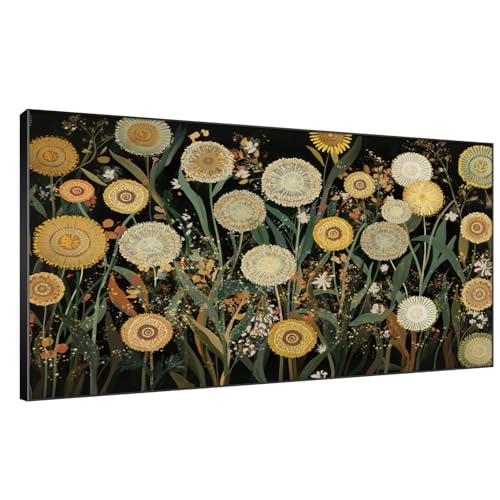 24"x46" Extra Large Framed Wall Art Whimsical Dandelion Field in Yellow and Green