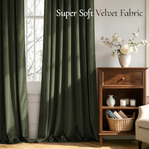 Olive Green Blackout Velvet Curtains Drapes 96 Inch Long 52"x96" (2 Count)