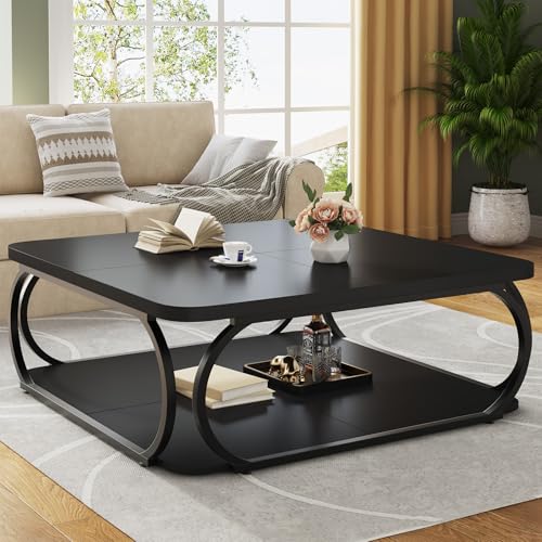 Square Coffee Table with Open Storage Shelf for Living Room