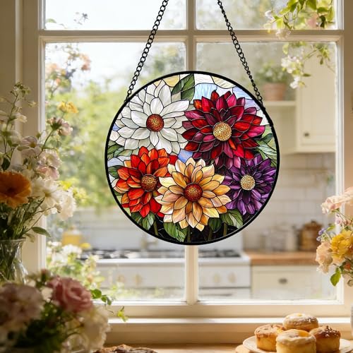 Stained Glass Window Hanging Color Dahlia Suncatcher Gifts for Women 9.8"