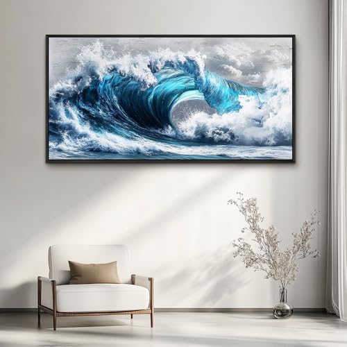 Large Canvas Blue Wave Paintings Wall Art For Living Room Wall Decoration For Bedroom Ocean Wall Pictures Printing Office Decorations Posters Modern Home Decor Black Framed 30x60 In