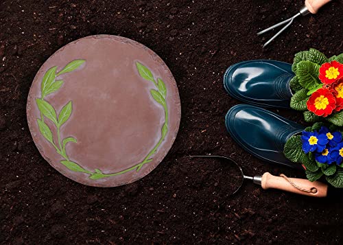 NAT & Jules Floral Laurel Wreath Leaves Pattern Dimensional Indoor Outdoor 12 inch Round Cast Resin Decorative Garden Stepping Stone