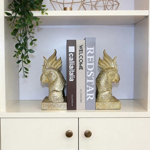 Gold Parrot Decorative Bookends for Heavy Books Bookshelf Decor (2 Count)