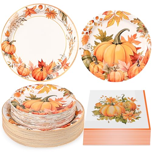 150Pcs Fall Pumpkin Paper Plates Napkins Fall Thanksgiving Party Supplies (150 Count)