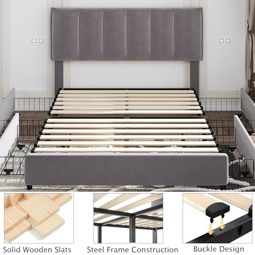 Full Size Bed Frame with 4 Storage Drawers