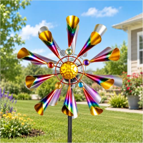Solar Wind Spinner Outdoor Metal Garden Decor with Color LED Glass Ball