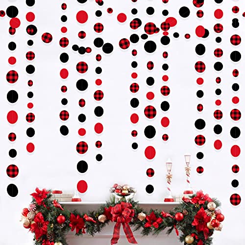 46Ft Buffalo Plaid Polka Dot Garlands Black Red Checkered Paper Circle Dot Streamer Banner for Birthday Bridal Shower Bachelorette Christmas Holiday Halloween Party Decorations Supplies