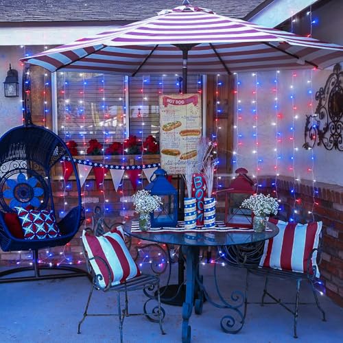 300LED Red White & Blue Curtain Lights for 4th of July (9.8 Foot)