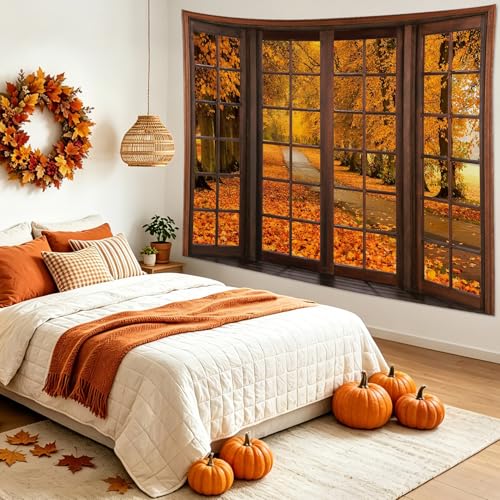 Fall Forest Window Wall Tapestry for Living Room Autumn Maple Tree with Orange Leaves Tapestry Wall Hanging Rustic Vintage Art Decor for Bedroom