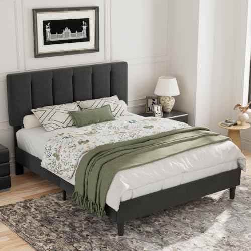 Queen Size Bed Frame with Upholstered Headboard