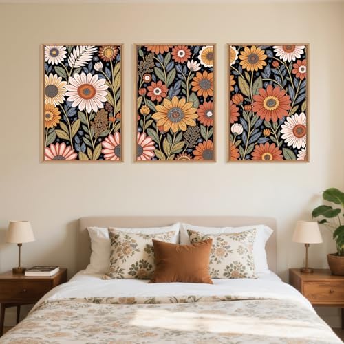 Large Abstract Boho Flower Framed Canvas Wall Art Set