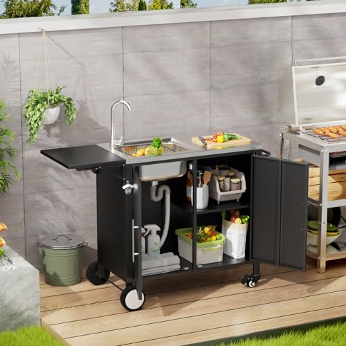 Outdoor Grill Table with Sink & Foldable Worktop