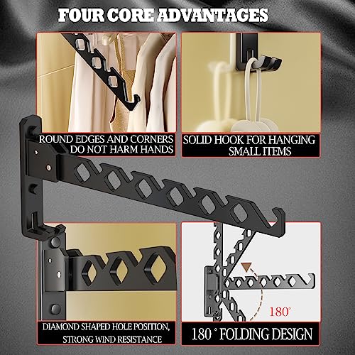 Wall Mount Coat Hanger Holder Black Clothes Drying Organizer Rack Garment Hooks Aluminium Retractable Folding Indoor Wall Mounted Hanger Space Saver for Laundry Room Bedroom Black 2 Pack with 8 Hooks (2 Count)
