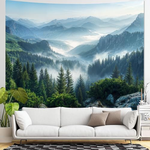 Nature Forest Mountain Tapestry Green Misty Pine Tree Tapestry for Bedroom Aesthetic Foggy Woodlands Sky Landscape Tapestries Wall Hanging for Living Room Dorm 90 x 68 Inch