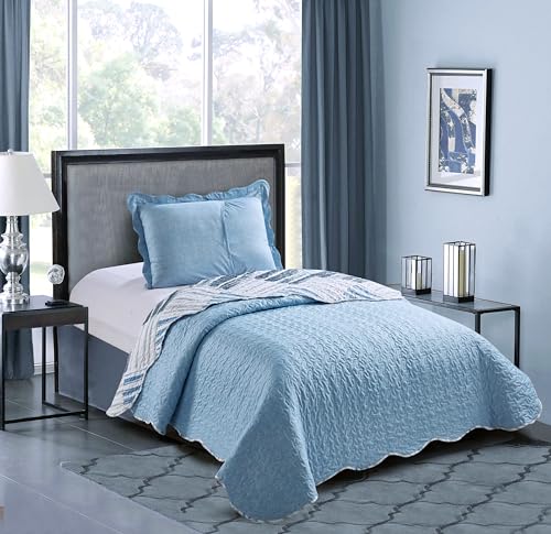 Blue Grey Stripes & Blocks Patchwork Quilt Set (2 Piece Set)