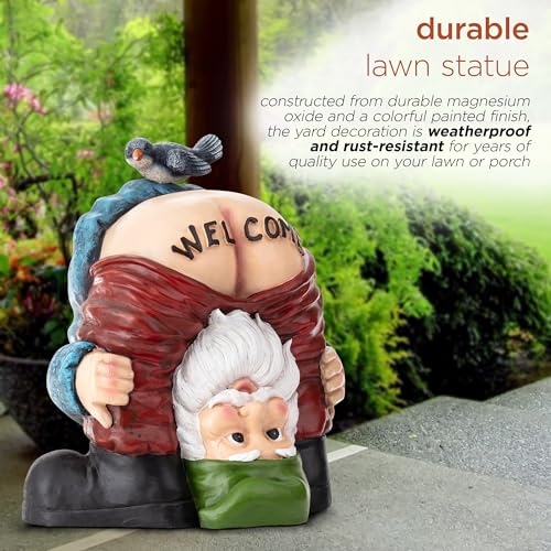 22" Tall Outdoor Mooning "Welcome" Gnome Statue with Bird Figurine
