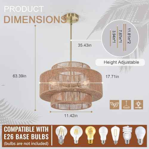4 Light Hand Woven Rattan Pendant Light 3