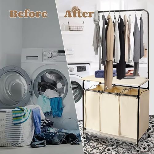 3 Section Laundry Sorter with Garment Hanging Bar Rack Foldable Ironing Board