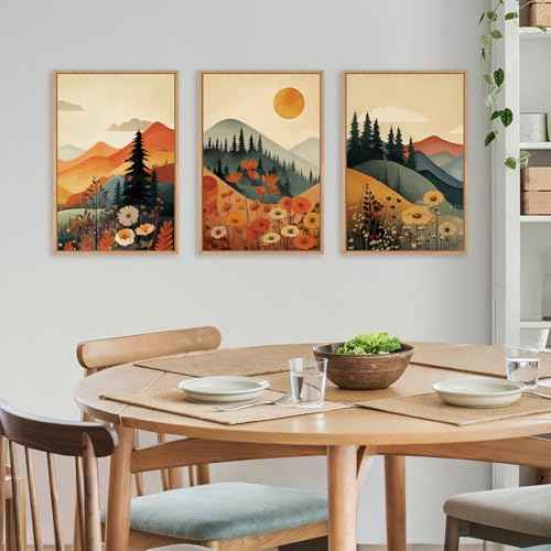 Large Boho Mountain Sunset Framed Canvas Wall Art Set