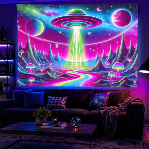Blacklight Tapestry Alien Planet Room Wall Art 78 x 59 Inch