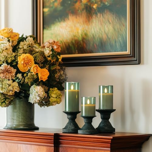 Green Glass Flameless LED Candles Battery Operated with Remote Timer (3 Count)