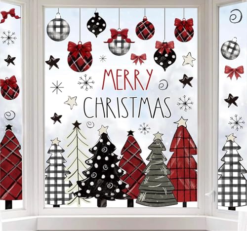 Christmas Window Clings for Glass 9 Sheet Xmas Tree Window Decals with Plaid Designs Window Stickers Winter Windows Cling for Party Supplies Home School Office Glass Decorations (9 Count)