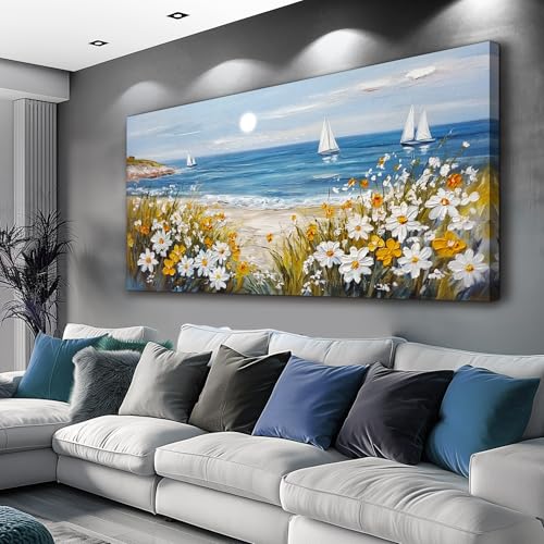 Large Vintage Landscape Painting Home Decor Blue Ocean Beach Painting Living Room Decorative Wall Art Modern Print Canvas White Flowers Farmhouse Office Bedroom Wall Decor 30 X 60 Inches