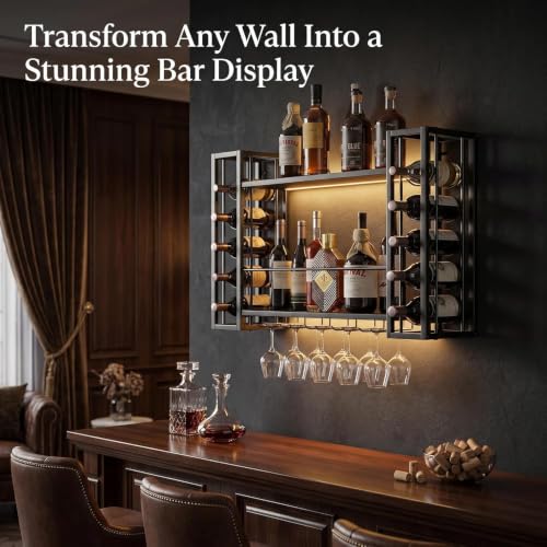 40" Wall Mounted Wine Rack with LED Lights & Wine Glass Rack