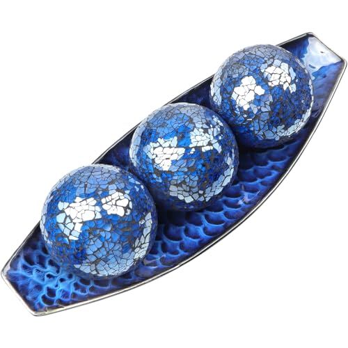 16" Large Ceramic Decorative Tray and 4" Glass Mosaic Balls Set of 4