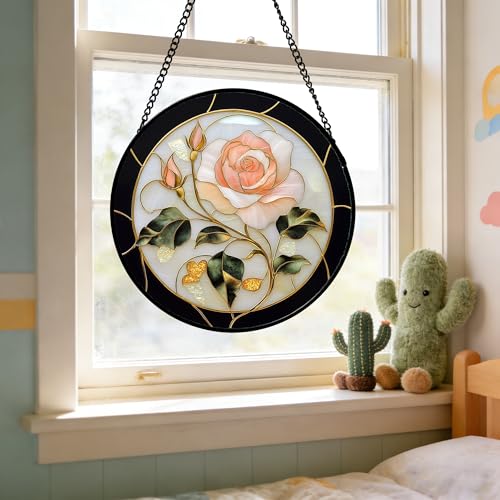 Pink Rose Stained Glass Window Hanging Suncatcher Gifts for Women 15"