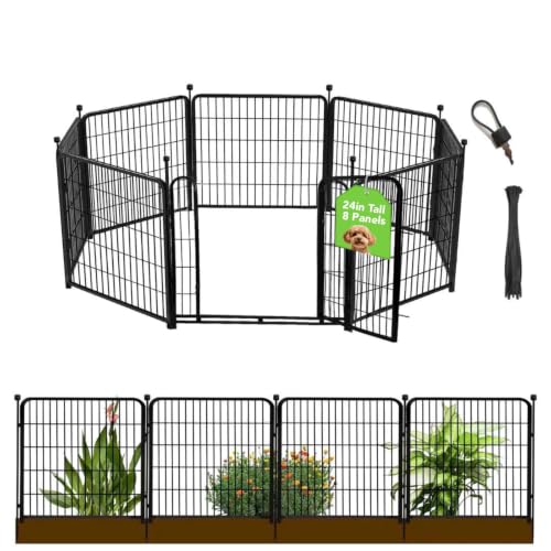 24 in(H) Decorative Garden Fences with Gate, 8 Panels Total 15.7 ft(L) Heavy Duty Iron Animal Barrier Fence for Yard,Suitable for Indoor Pet Fence Or Outdoor Dog Fencing, Garden Border Fence (32 Sq Ft)