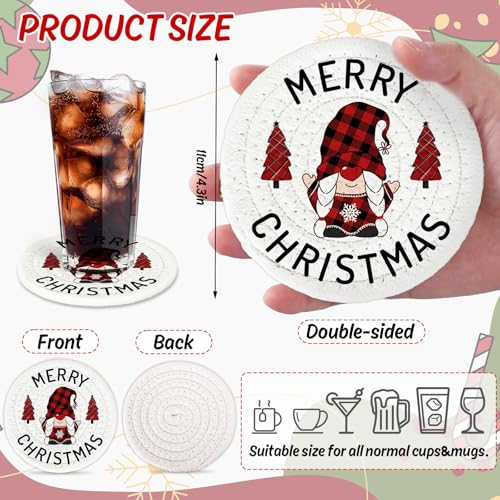 Merry Christmas Cotton Coasters Xmas Plaid Tree Gnome Handmade Braided Drink Coasters Absorbent Cup Mats for Christmas Holiday Party Home Table Decor (4 Count)