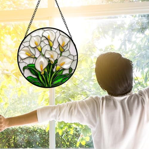 White Calla Lily Bouquet Stained Glass Window Hanging Suncatcher Gifts 7.8"
