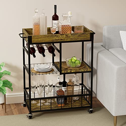 Bar Cart with Basket Wine Rack with Wheels Wood Metal Cart