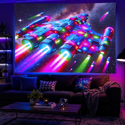 Blacklight Tapestry Spacecraft Galaxy UV Wall Art 78 x 59 Inch