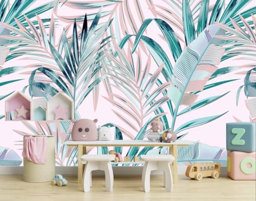 Pink and Green Palm Leaf Peel and Stick Wallpaper for Girl's Bedroom
