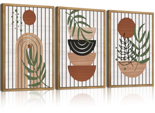 Large Boho Mid century Wood Framed Canvas Wall Art Set