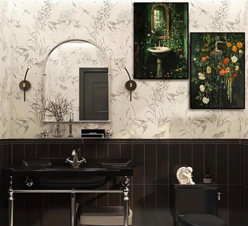 3Pcs Vintage Dark Green Bathroom Wall Art Shower Toilet Paper Roll Floral Poster Print Modern Farmhouse plants Painting Picture Wall Decor For Bathroom Living Room Decoration Unframed (3 Count)