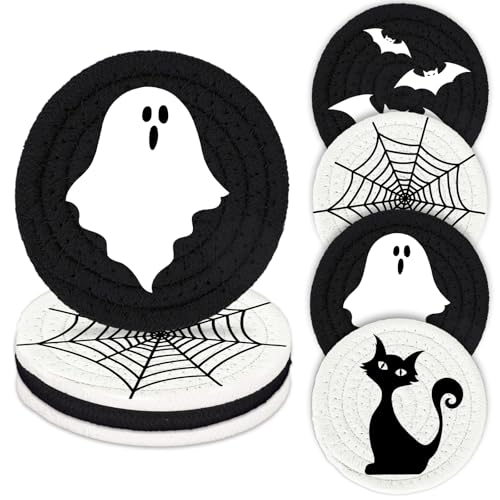 Halloween Handmade Braided Cotton Coasters Black White Ghost Bat Cat Spiderweb Drink Coasters Absorbent Cup Mat for Halloween Party Home Office Decor (4 Count)