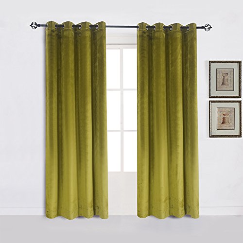 Super Soft Luxury Velvet Moss Green Thermal Blackout Curtain Panel Drapes Grommet Draperies Eyelet 52Wx108L inch Green Yellow