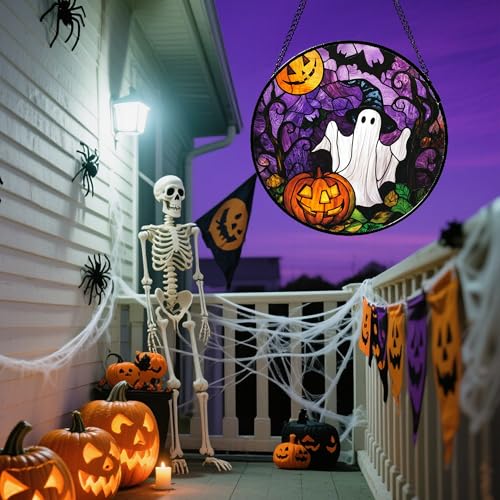 Stained Glass Window Hanging Halloween White Ghost Black Bat 15"