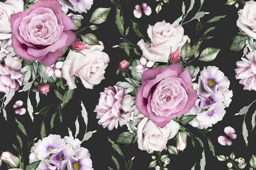 Seamless Pattern of Flowers and Exotic Leaves on a Black Background. Floral Roses and Peonies Wall Mural