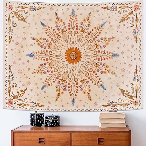 Boho Floral Mandala Tapestry for Bedroom Aesthetic Watercolor Bohemian Flower Wall Tapestry Brown Beige Hippie Indian Tapestries Wall Hanging for Living Room Dorm Decor 60 x 44 Inch