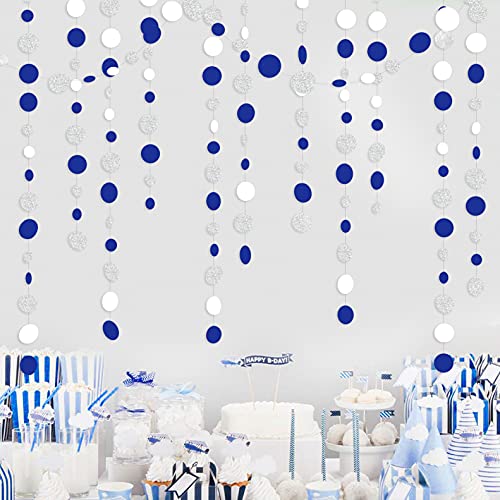46 Feet Navy Blue White and Silver Circle Dots Garland Royal Blue Hanging Paper Polka Dots Streamer for Birthday Wedding Bridal Shower Nautical Ahoy Achor Graduation Party Decorations Supplies