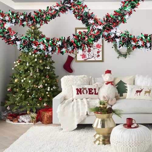 50 Feet Green Red Christmas Metallic Tinsel Twist Hanging Garland with Snowflake for Home Mantle Xmas Tree Staircase Railing New Year Holiday Party Indoor Outdoor Decorations (4 Foot)