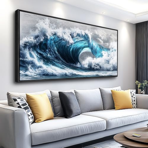 Blue Wave lPaintings Wall Art For Living Room Wall Decor For Bedroom Ocean Inspiration Wall Pictures Office Decor Posters Modern Printing Canvas Artwork Home Decor Black Framed 20x40 In
