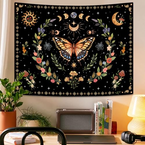 Boho Butterfly Tapestry Flower Moon Wall Tapestry