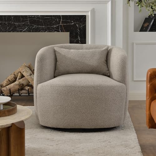 34" W Boucle Swivel Barrel Chair with Toss Pillow