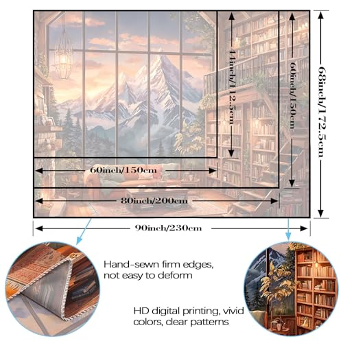 Forest Mountain Library Tapestry Fantasy Bookshelf Tapestries Wall Hanging Vintage Watercolor Nature Fairy Library Backdrop Large Tapestry for Bedroom Living Room Dorm Classroom 80 x 60 inch