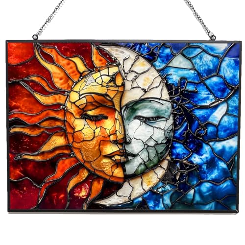 Rectangle Sun and Moon Stained Glass Suncatcher Window Hangings